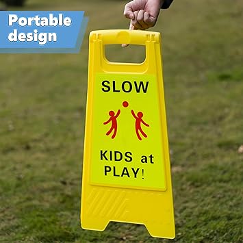 Photo 1 of Reflective Slow Down Kids at Play Sign Double Sided 24 Inch Portable Handle Children At Play Warning Board Caution Safety Signs for Street Neighborhood Yard School Park Sidewalk (Yellow)