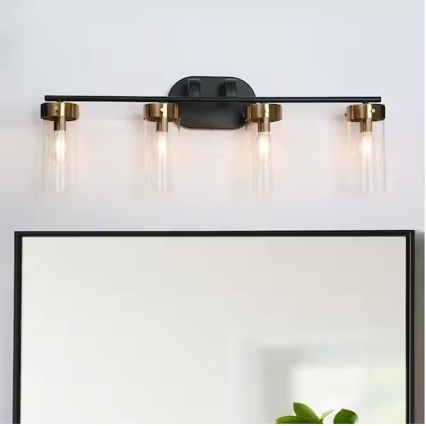 Photo 1 of ZEVNI 29 in. Modern 4-Light Black and Brass Gold Bathroom Vanity Light, Clear Glass Shade Bath Lighting Cylinder Wall Sconce
