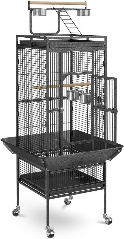 Photo 1 of 2in1 Large Bird Cage with Rolling Stand Playtop Parrot Chinchilla Finch Cage Macaw Conure Cockatiel Cockatoo Pet House Wrought Iron Birdcage, Black