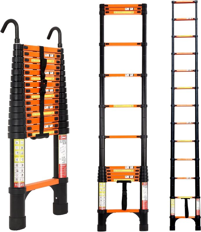 Photo 1 of 3.8M Telescoping Ladder, Aluminum Lightweight Extension Ladder w/Triangle Stabilizers & Detachable Hooks, 330lbs Capacity Telescopic Ladder, RV Collapsible Ladder for Home, Outdoor (Orange)
