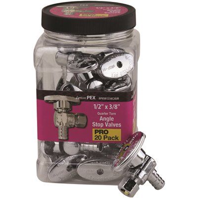 Photo 1 of Apollo 1/2 in. PEX-B Barb x 3/8 in. Compression Brass Quarter-Turn Angle Stop Valve Jar, Chrome-Plated Pro Pack (20-Pack)
