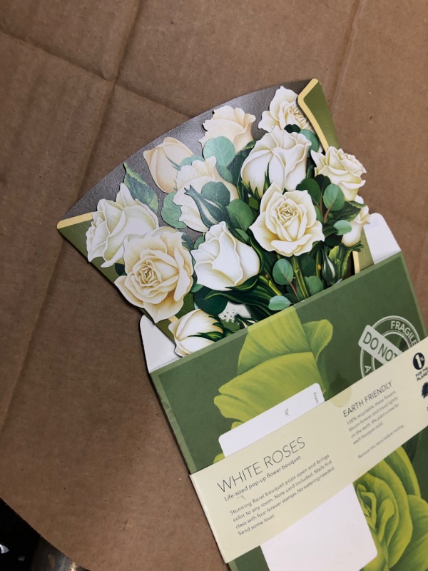 Photo 2 of Freshcut Paper Pop Up Cards, White Roses, 12 inch Life Sized Forever Flower Bouquet 3D Popup Greeting Cards with Note Card and Envelope