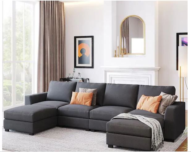 Photo 1 of 130.7 in. W Square Arm 3-Piece Polyester U-Shaped Modern Sectional Sofa in Gray----MISSING A LEG 
