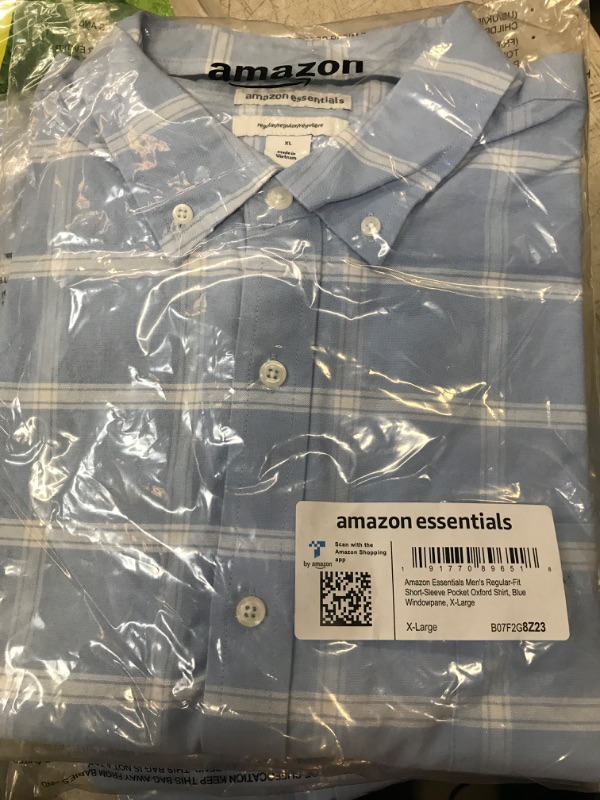 Photo 1 of Amazon Essentials Men's Regular-Fit Short-Sleeve Pocket Oxford Shirt X-Large Blue Windowpane