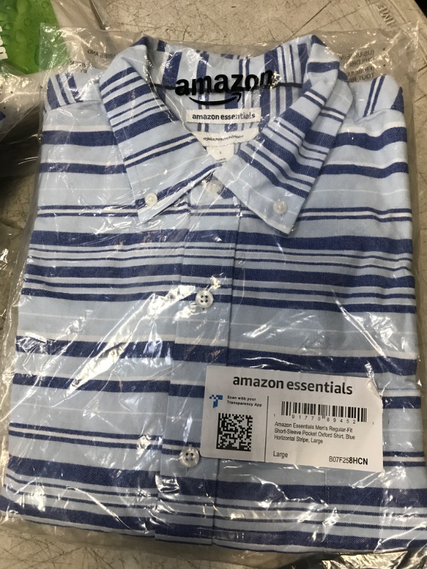 Photo 2 of Amazon Essentials Men's Regular-Fit Short-Sleeve Pocket Oxford Shirt Large Blue Horizontal Stripe