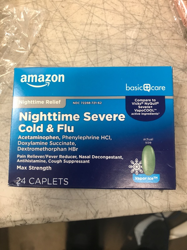 Photo 2 of Amazon Basic Care Nighttime Severe Cold and Flu Coated Caplets, Temporarily Relieves Symptoms Like Runny Nose and Sneezing, Vapor Ice, 24 Count