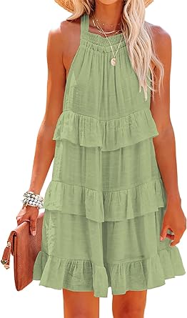 Photo 1 of AlvaQ Women's 2023 Summer Halter Neck Sundress Casual Sleeveless Ruffle Tiered A Line Flowy Short Mini Dress - Sz Large