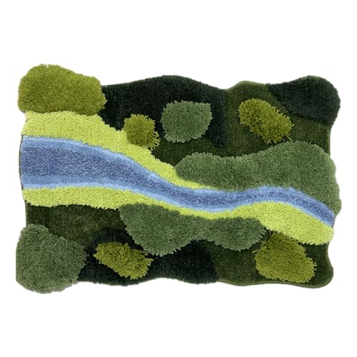 Photo 1 of 33"x22" Tufted 3D Moss Rug Green Grass & Mossy Blue Stream Bathroom Mat Bathrug Shag Carpet for Home Decor Living Room Bedroom Shower Area
