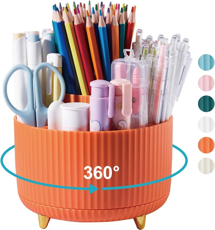 Photo 1 of Lolocor Desk Pencil Pen Holder, 5 Slots 360 Degree Rotating Pencil Pen Organizers for Desk, Desktop Storage Stationery Supplies Organizer Cute Pen Cup for Office School Home Art Supply Orange https://a.co/d/hWEDpN5