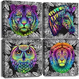 Photo 1 of Adbykgto African Wild Animal Wall Art Canvas Black for Bedroom 4 Pieces Colorful Tiger and Lion Botanical Wall Art for Nursery Room Owl Zebra Tropical Plants Prints Bathroom Wildlife Decor 12x12 https://a.co/d/7GejXg4