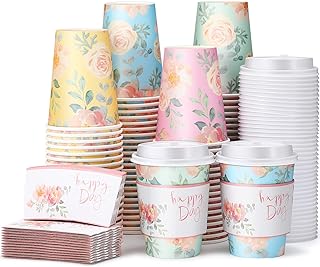 Photo 1 of 100 Pcs 12oz Floral Disposable Coffee Cups with 100 Lids and 100 Coffee Cup Sleeves Paper Insulated Coffee Cups Paper Hot Coffee Cups with Dome Lids and Sleeves for Parties Wedding Baby Shower (Fresh)