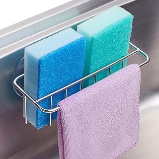 Photo 1 of 3-In-1 Sponge Holder for Kitchen Sink, 2 Suspension Options(Suction Cups & Adhesive Hook), Hanging Sink Caddy Organizer Rack - Sponge, Dish Cloth, Brush, Scrubber, Soap Tray, 304 Stainless Steel https://a.co/d/6lgffwb