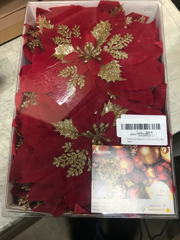 Photo 2 of Alupssuc 24 Pcs Poinsettia Artificial Christmas Flowers Decorations, Boxed Christmas Flowers Glitter Tree Picks Ornaments for Wedding Xmas Tree New Year Holiday Decor with Clips and Sticks, Red