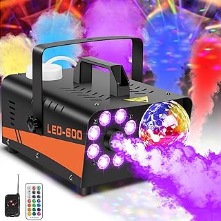 Photo 1 of Fog Machine Halloween Outdoor with Disco Ball Strobe Light and 8 Led Lights, 600W and 3000 CFM Smoke Machine Indoor Remote with 13 Colors & Strobe Effect for Wedding Party DJ Disco Stage
