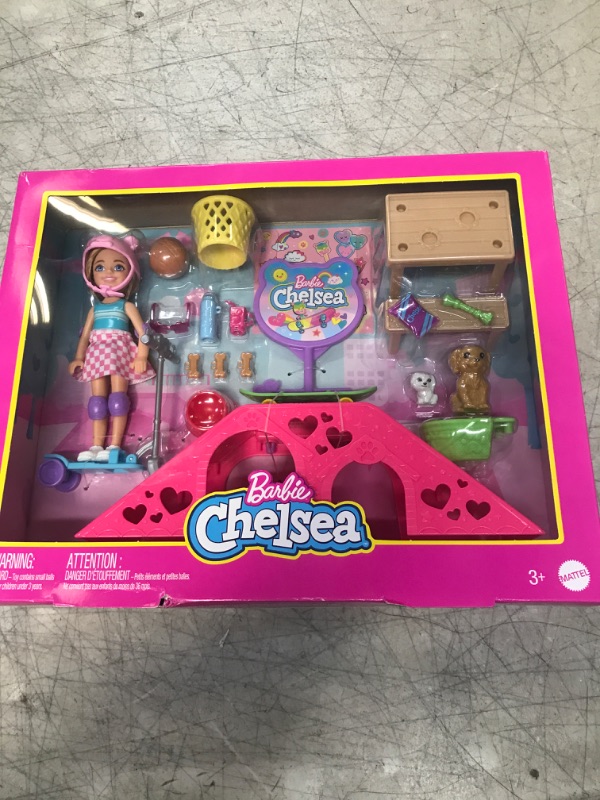 Photo 2 of Barbie Toys, Chelsea Doll and Accessories, Skatepark Playset with 2 Puppies, Skate Ramp, Scooter, Sticker Sheet and 15+ Additional Pieces