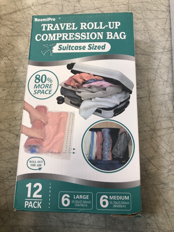 Photo 2 of 12 Compression Bags for Travel, Roll Up Space Saver Bags for Travel, Saves 80% of Storage Space, Travel Compression Bags for Packing & Clothes, No Pump or Vacuum Needed 12 Travel