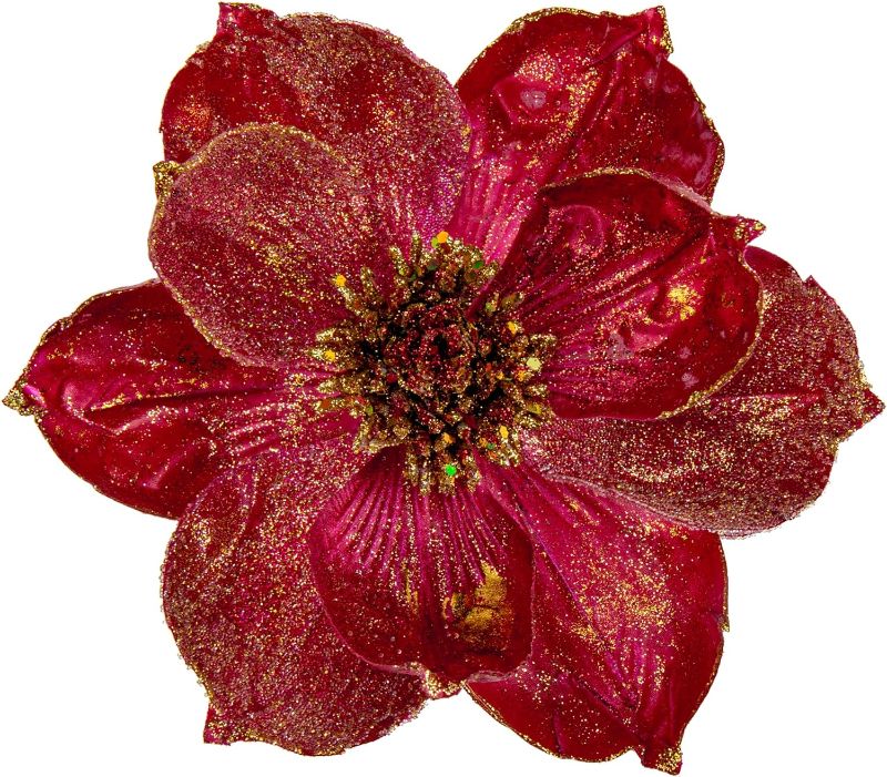 Photo 1 of 8’’ Large Heads Christmas Glitter Magnolia Flowers Christmas Tree Ornaments Set of 3 Artificial Flowers with Picks Stems for Xmas Tree Holiday Decorations,Red