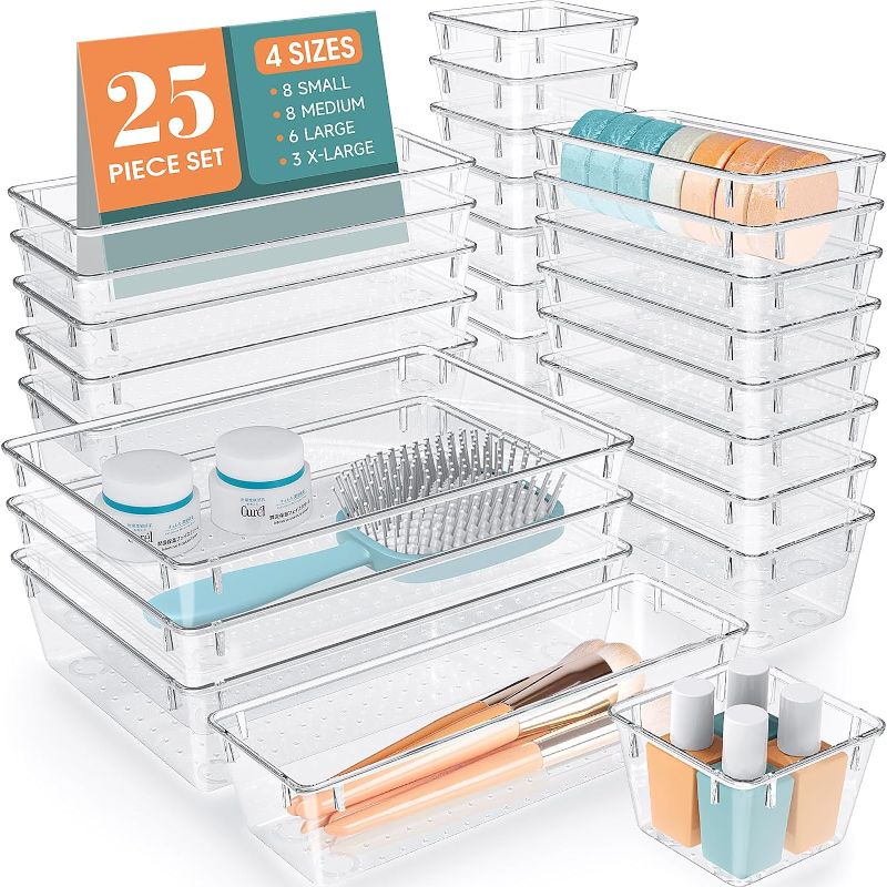 Photo 1 of WOWBOX 25 PCS Clear Plastic Drawer Organizer Set, 4 Sizes Desk Drawer Divider Organizers and Storage Bins for Makeup, Jewelry, Gadgets for Kitchen, Bedroom, Bathroom, Office
