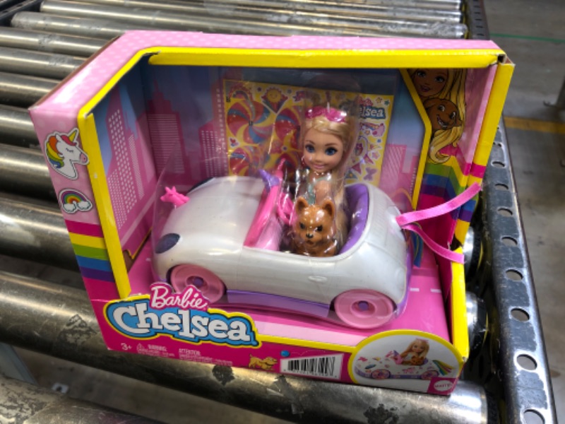 Photo 2 of Barbie Club Chelsea Doll (6-inch Blonde) with Open-Top Rainbow Unicorn-Themed Car, Pet Puppy, Sticker Sheet & Accessories, For 3 to 7 Year Olds