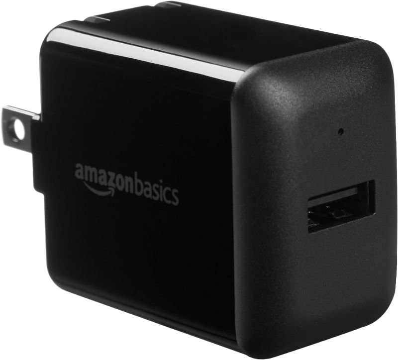 Photo 1 of Amazon Basics 12W One-Port USB-A Wall Charger (2.4A) for Phones (iPhone 15/14/13/12/11/X, Samsung, and more), non-PPS, Black
