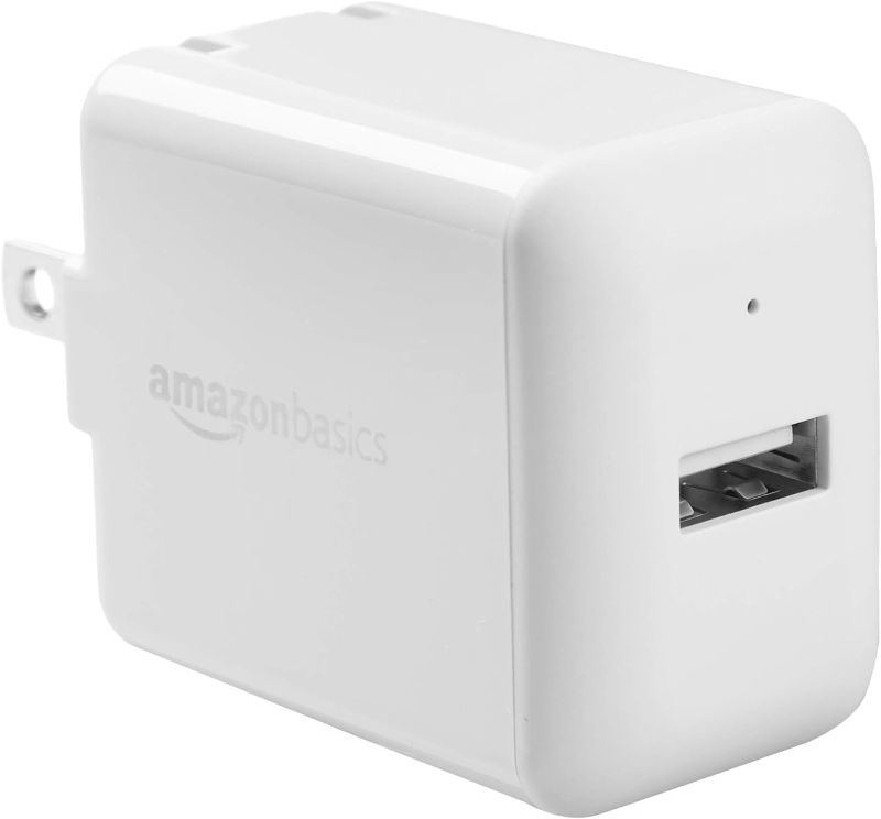 Photo 1 of Amazon Basics 12W One-Port USB-A Wall Charger (2.4A) for Phones (iPhone 15/14/13/12/11/X, Samsung, and more), non-PPS, White
