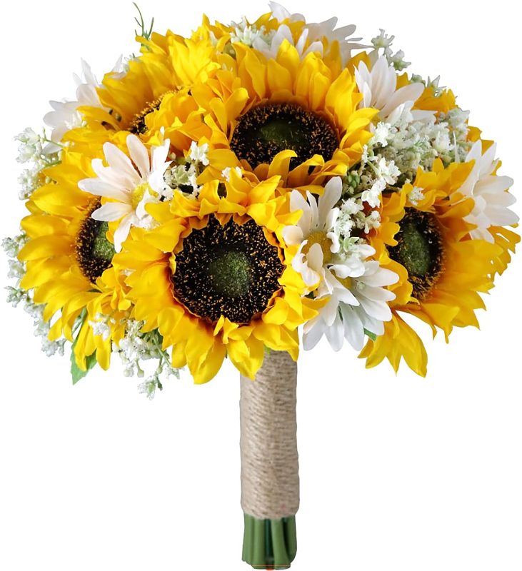 Photo 1 of Artificial Sunflower Bouquet for Wedding Bridal Holding Flowers Fake Silk Sunflower with White Small Daisy Flower for Bride Bridesmaid Wedding Party Ceremony Table Centerpieces Decorations Yellow
