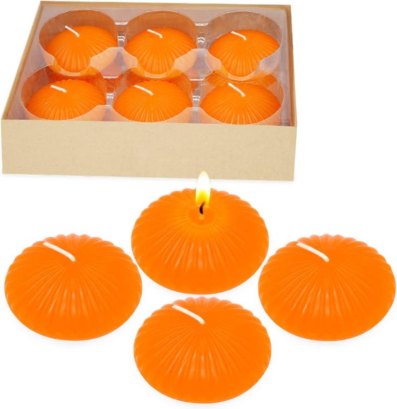 Photo 1 of 12 Pack 3 Inch Orange Floating Candles, 10 Hour Unscented Tealight Candles for Cylinder Vases, Centerpieces at Fall Halloween Harvest - Wavy Float Candle
