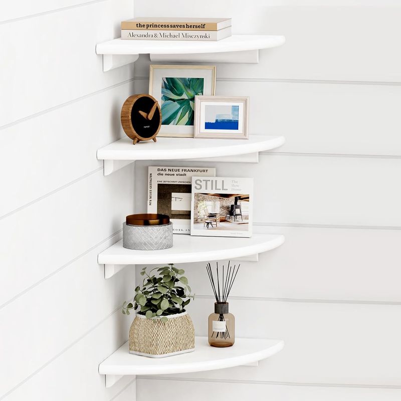 Photo 1 of Forbena White Corner Floating Shelves for Wall Set of 4, Rounded Corner Shelves Wall Mounted for Kids Bedroom Books, Cute Wood Hanging Corner Shelf for Bathroom Decor, Living Room, Small Spaces
