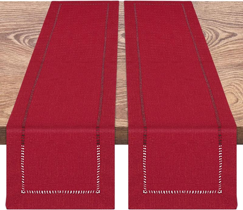 Photo 1 of 2 Pieces Handmade Hemstitch Table Runner or Dresser Scarf Farmhouse Centerpieces Rustic Decoration for Table Autumn Thanksgiving Xmas Party Kitchen Dining(Cranberry Red,13 x 72 Inch)
