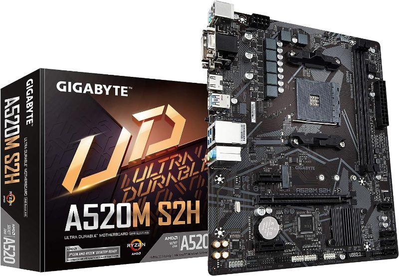 Photo 1 of Gigabyte A520M S2H (AMD Ryzen AM4/MicroATX/4+3 Phases Digital PWM/Gigabyte Gaming GbE LAN/NVMe PCIe 3.0 x4 M.2/3 Display Interfaces/Q-Flash Plus/RGB Fusion 2.0/Motherboard)
