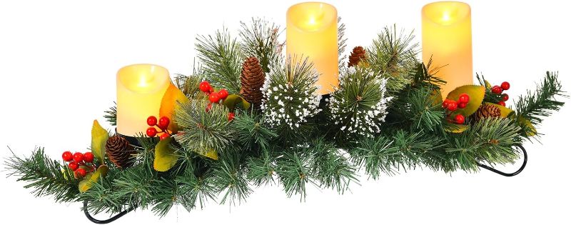 Photo 1 of 28" Christmas Table Centerpieces with 3 Flameless LED Candles, Christmas Candle Holders, with Natural Pine Cones, 48 branches, 5 red fruits, Holiday Candelabrum for Home Party Table Mantel Decorations
