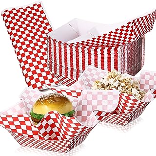 Photo 1 of 100 Pcs Red Gingham Party Supplies Disposable Paper Food Trays Bulk Disposable Red Food Boats with Checkered Wax Paper Sheets Checkered Wrapping Paper for Carnival Picnic Birthday Party Supplies
