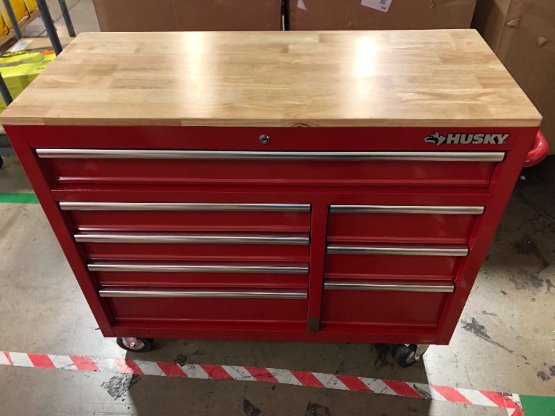 Photo 2 of 42 in. W x 18.1 in. D 8-Drawer Red Mobile Workbench Cabinet with Solid Wood Top - MINOR DAMAGE (SEE PHOTO)