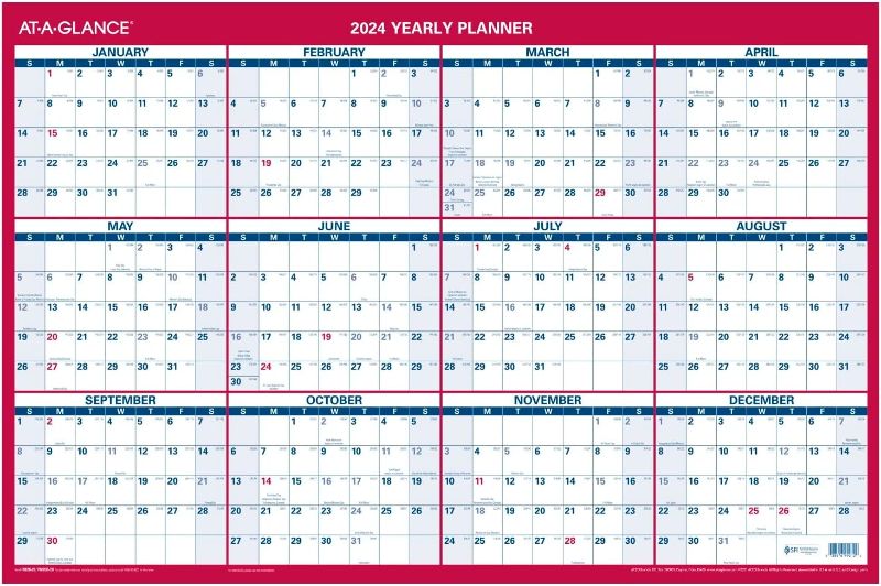 Photo 1 of 5 AT-A-GLANCE 2024 Monthly Erasable Calendar, Dry Erase Wall Planner, 36'' x 24'', Large, Vertical/Horizontal, Reversible, Includes Marker (PM262824), Black
