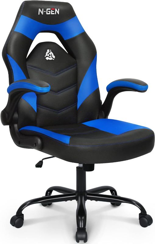 Photo 1 of N-GEN Video Gaming Computer Chair Ergonomic Office Chair Desk Chair with Lumbar Support Flip Up Arms Adjustable Height Swivel PU Leather Executive with Wheels for Adults Women Men (Blue)
