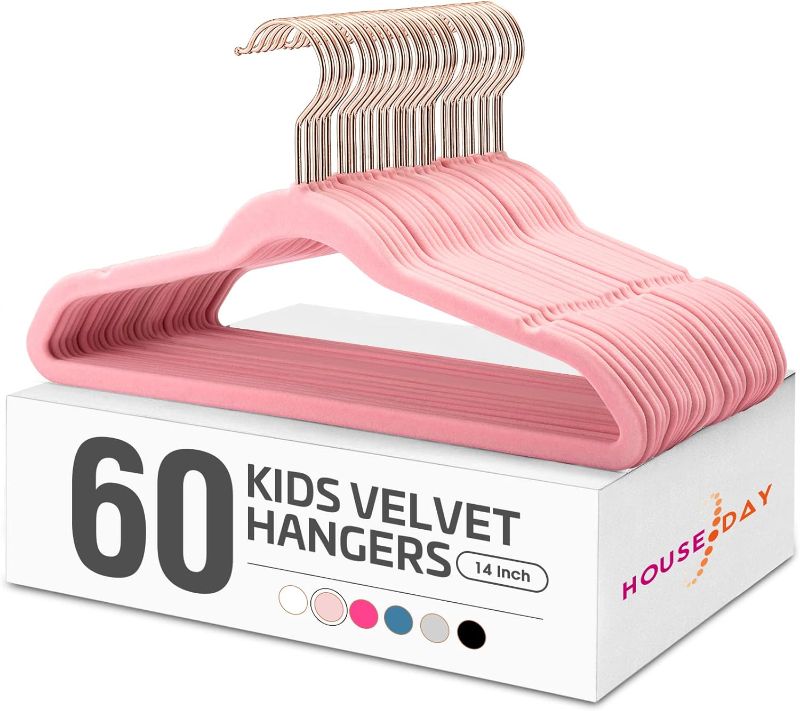 Photo 1 of HOUSE DAY Velvet Kids Hangers 60 Pack, Premium Childrens Hangers for Closet, Ultra Thin Cute Clothes Hanger, Non Slip Felt Hangers 14 Inch, Small Hangers for Kids Clothes, Blush Pink
