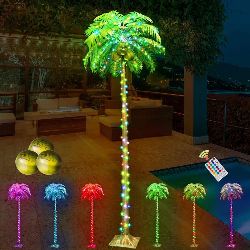 Photo 1 of 6FT LED Lighted Palm Trees Color Changing, Artificial Palm Trees Lights with Coconuts for Outdoors, Light Up Tropical Palm Tree Indoor for Pool Beach Yard Summer Party Home Hawaiian Tiki Bar Decor
