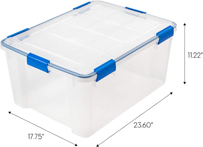 Photo 1 of 1 IRIS USA 60 Quart WEATHERPRO Plastic Storage Box with Durable Lid and Seal and Secure Latching Buckles, Clear With Blue Buckles, Weathertight