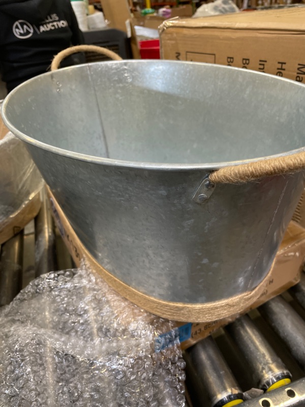 Photo 2 of 6.3 Gallons Galvanized Oval Beverage Tub Rustic Farmhouse Decor Ice Bucket Metal Drink Cooler Beverage Tub Drink Chill Wine and Beer Bucket for Home Swim Pool Party (Flax Rope Style)