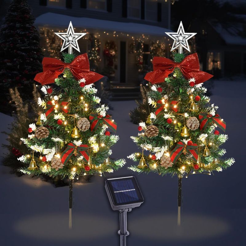 Photo 1 of  Pack Solar Christmas Tree Pathway Lights Outdoor Decorations Waterproof Artificial White Mini Xmas Tree Stake Lights with DIY Ornamets for Garden Yard Decor (White)