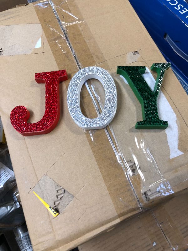 Photo 3 of 3 Pieces Rhinestone Joy Signs Letters Christmas Wood Table Decorations, Freestanding Block Joy Cutout Letters with Rhinestone Decor for Xmas, New Year, Home Decorations
