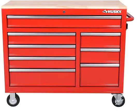 Photo 1 of 42 in. W x 18.1 in. D 8-Drawer Red Mobile Workbench Cabinet with Solid Wood Top
