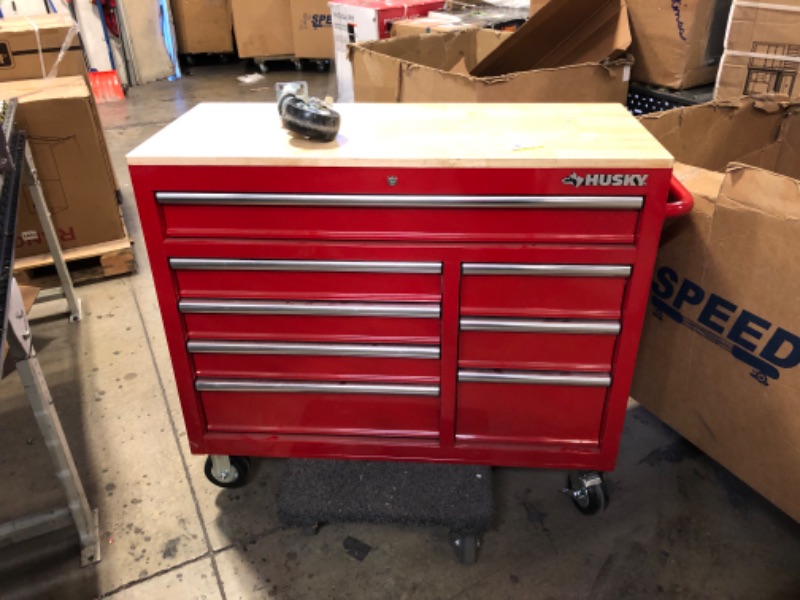 Photo 2 of 42 in. W x 18.1 in. D 8-Drawer Red Mobile Workbench Cabinet with Solid Wood Top
