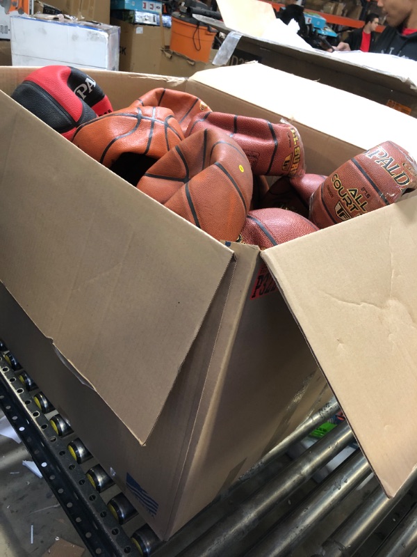 Photo 1 of BOX OF DEFLATED BASKETBALLS. VARIOUS SIZES/COLORS/STYLES. 