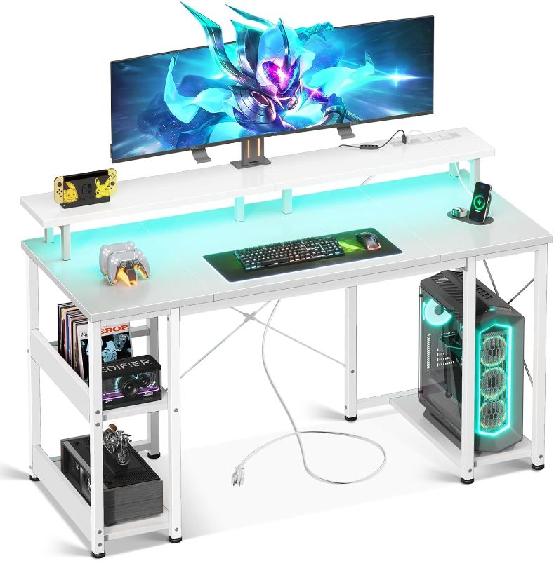 Photo 1 of ODK 48 inch Gaming Desk with LED Lights & Power Outlets, Computer Desk with Monitor Stand & Storage Sheves, CPU Stand, Home Office Desk, White
