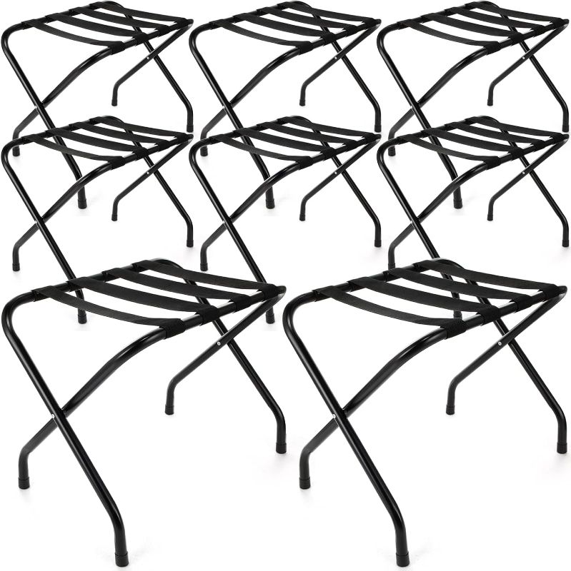 Photo 1 of 8 Pack Luggage Rack Steel Folding Suitcase Stand Black Luggage Racks with Nylon Straps for Home Hotel Bedroom Closet Guest Room Travel Vacation Motels Supplies