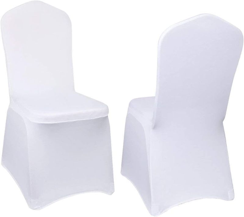 Photo 1 of 2 Pcs Chair Covers Polyester Spandex Banquet Chair Covers Slipcover Flat Front Stretch Spandex Chair Covers for Wedding Banquet Dining Party Decorations (White)