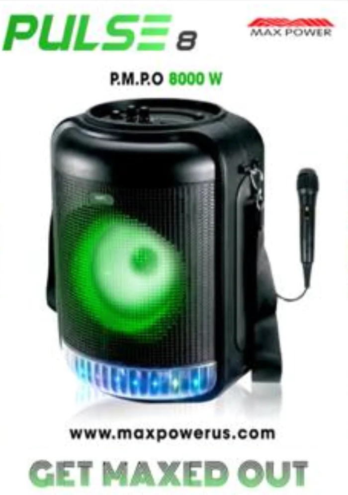 Photo 1 of MAX POWER CH8801 PULSE 8 - 8" Woofer portable speaker with mic, remote & shoulder strap
