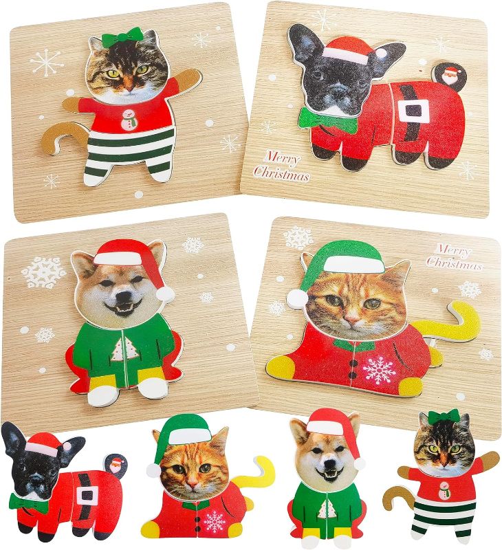 Photo 1 of 4 Pack Christmas Wooden Puzzles,Dog Cat Jigsaw Puzzles for Kids Educational Preschool Toys Christmas Toys Party Favors Xmas Decorations(Christmas)
