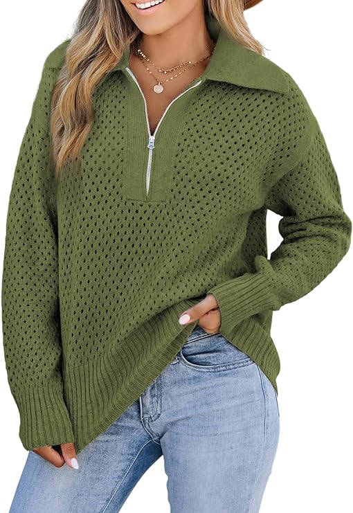 Photo 1 of BLENCOT Women Half Zip Pullover Crochet Sweater Knit Sweatshirts Lightweight Long Sleeve Collared Neck Warm Pullover Tops- SIZE M 
